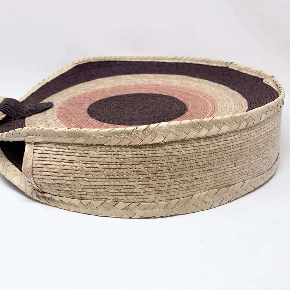 MISA Los Angeles Mykonos Circle Circular Straw Tote Bag Natural Purple Pink
